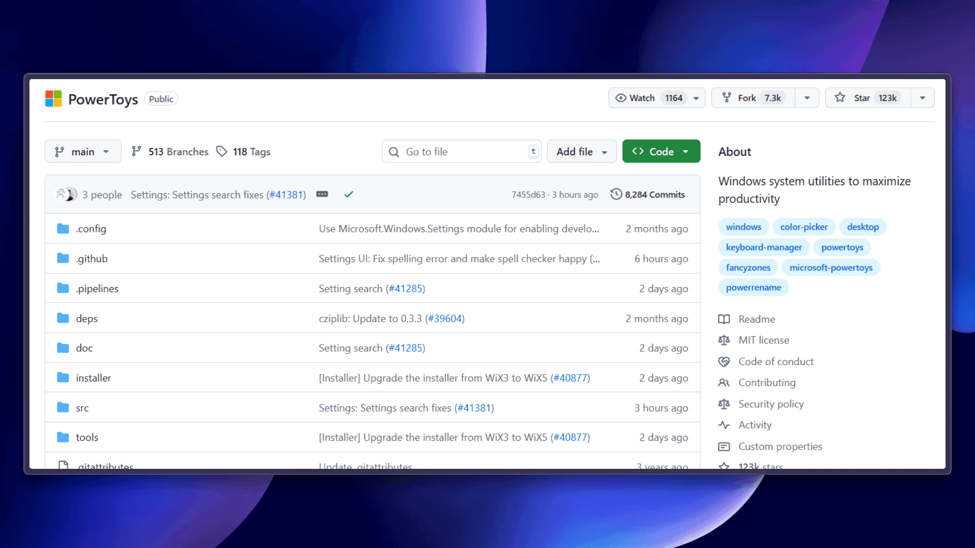 A screenshot of the PowerToys project open on GitHub, showing over 8 thousand commits, 7 thousand forks, and 123 thousand stars