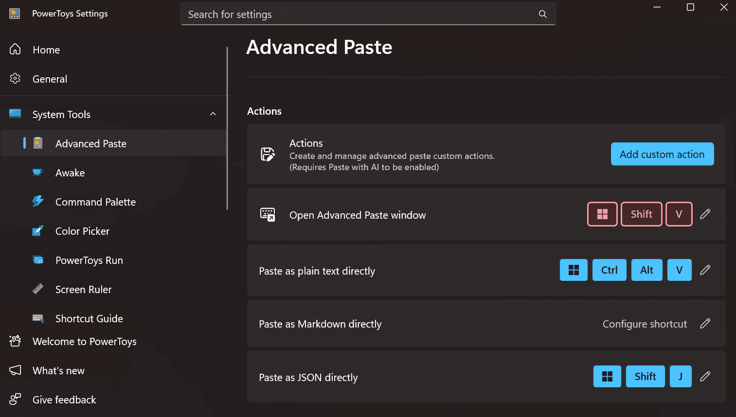 Fig. 11: Adding custom actions in Advanced Paste in PowerToys.