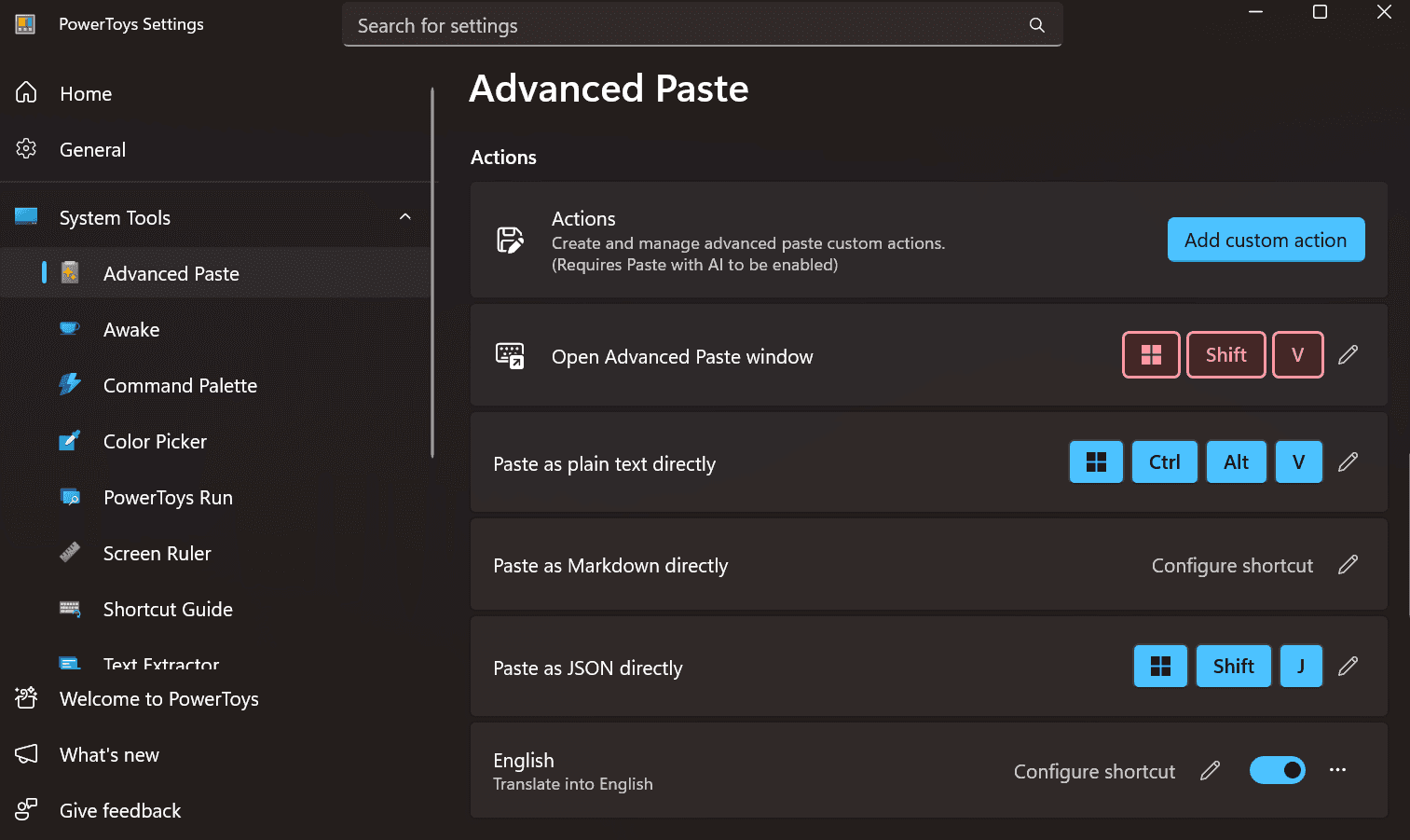 Fig. 13: Custom actions listed in Advanced Paste settings.