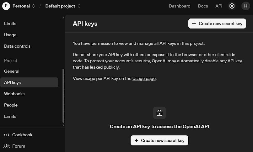 Fig. 1: Creating a new secret key to OpenAI’s API
