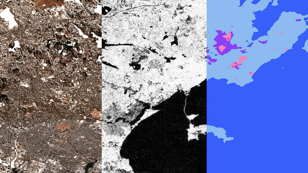 TerraMind’s “any-to-any” demonstration. Left to right: optical input, synthetic radar, a generated land use classification