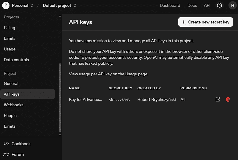 Fig. 3: List of active API keys; delete a key by clicking on the red trash icon next to it.