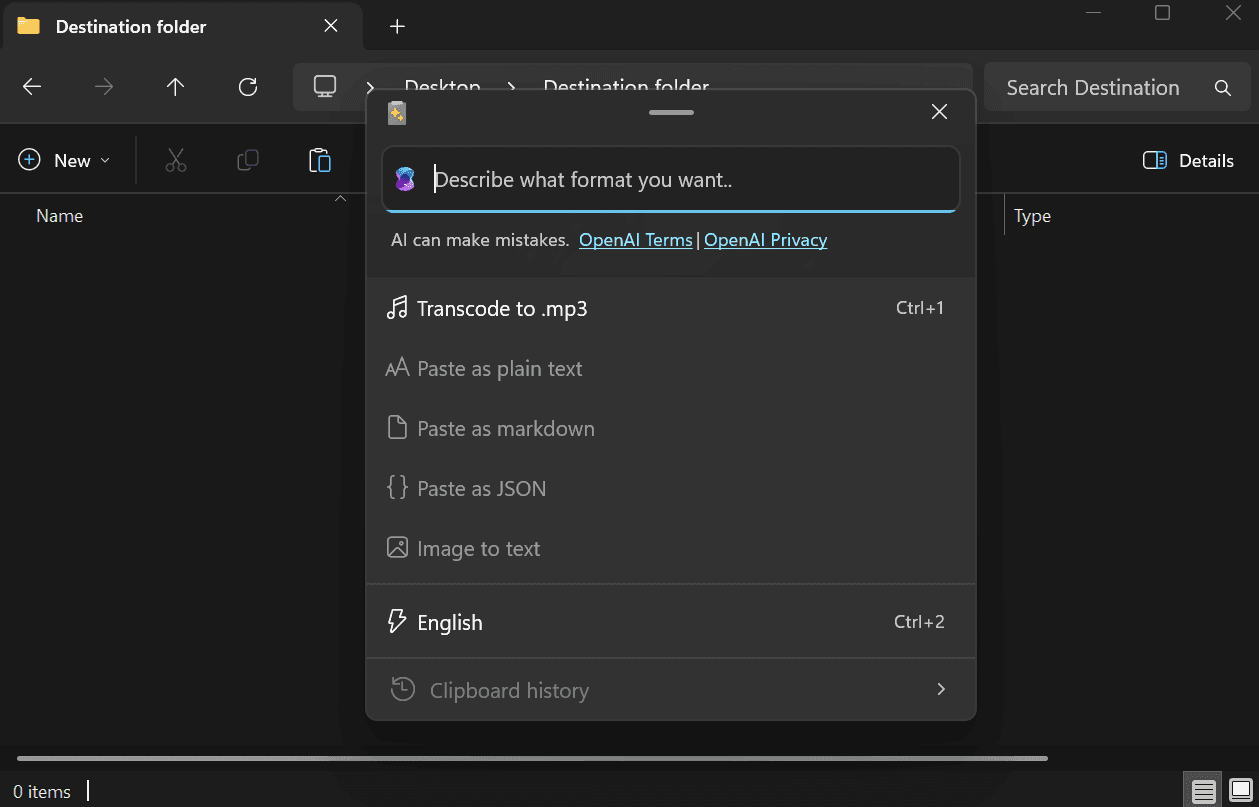 Fig. 4: The Advanced Paste window, activated by pressing Shift+Win+V, adapts available options to the content of the clipboard. Here, we can see “Transcode to .mp3”, because the copied element is a multimedia file.