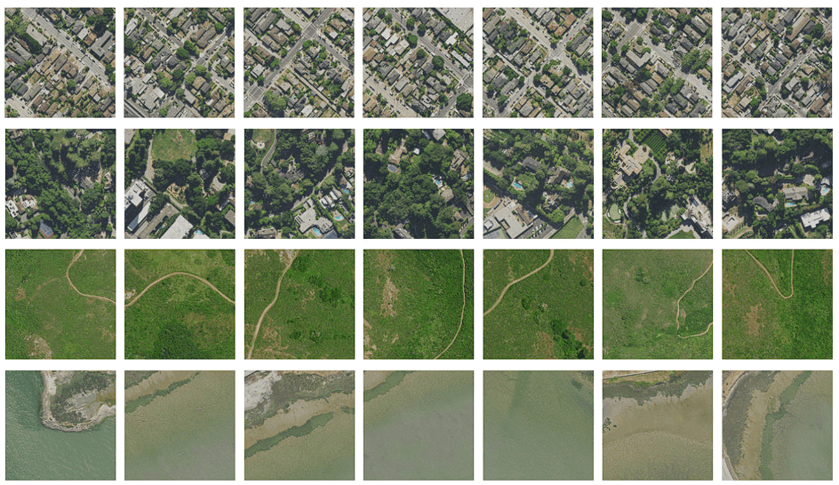 Similarity search results from the Clay Foundation Model, showing four rows each containing seven square aerial images of land. All square in each row are similar, showing like terrain.