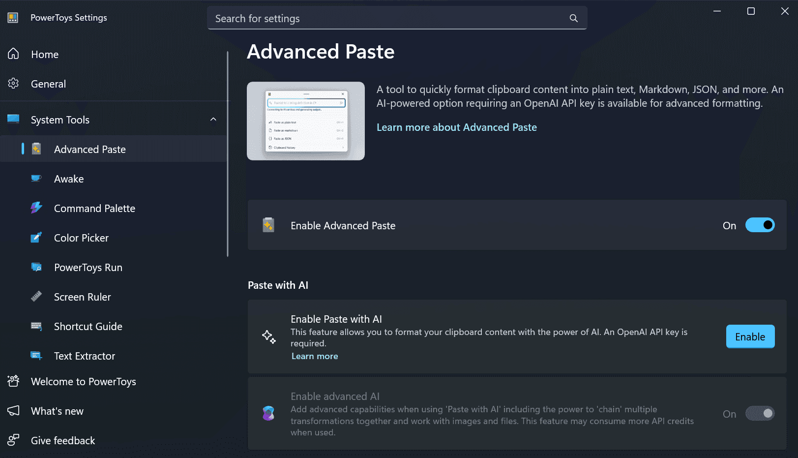 Fig. 5: To turn AI features in Advanced Paste, click “Enable” next to “Enable Paste with AI”.