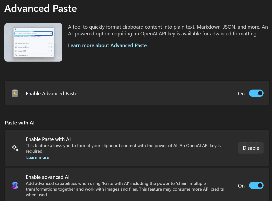 Fig. 6: All AI features in Advanced Paste are active.