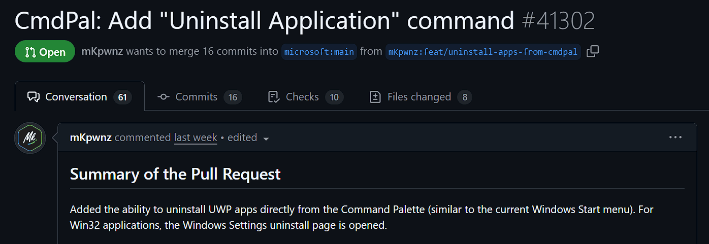 A screenshot with an example pull request from PowerToys’ GitHub repository