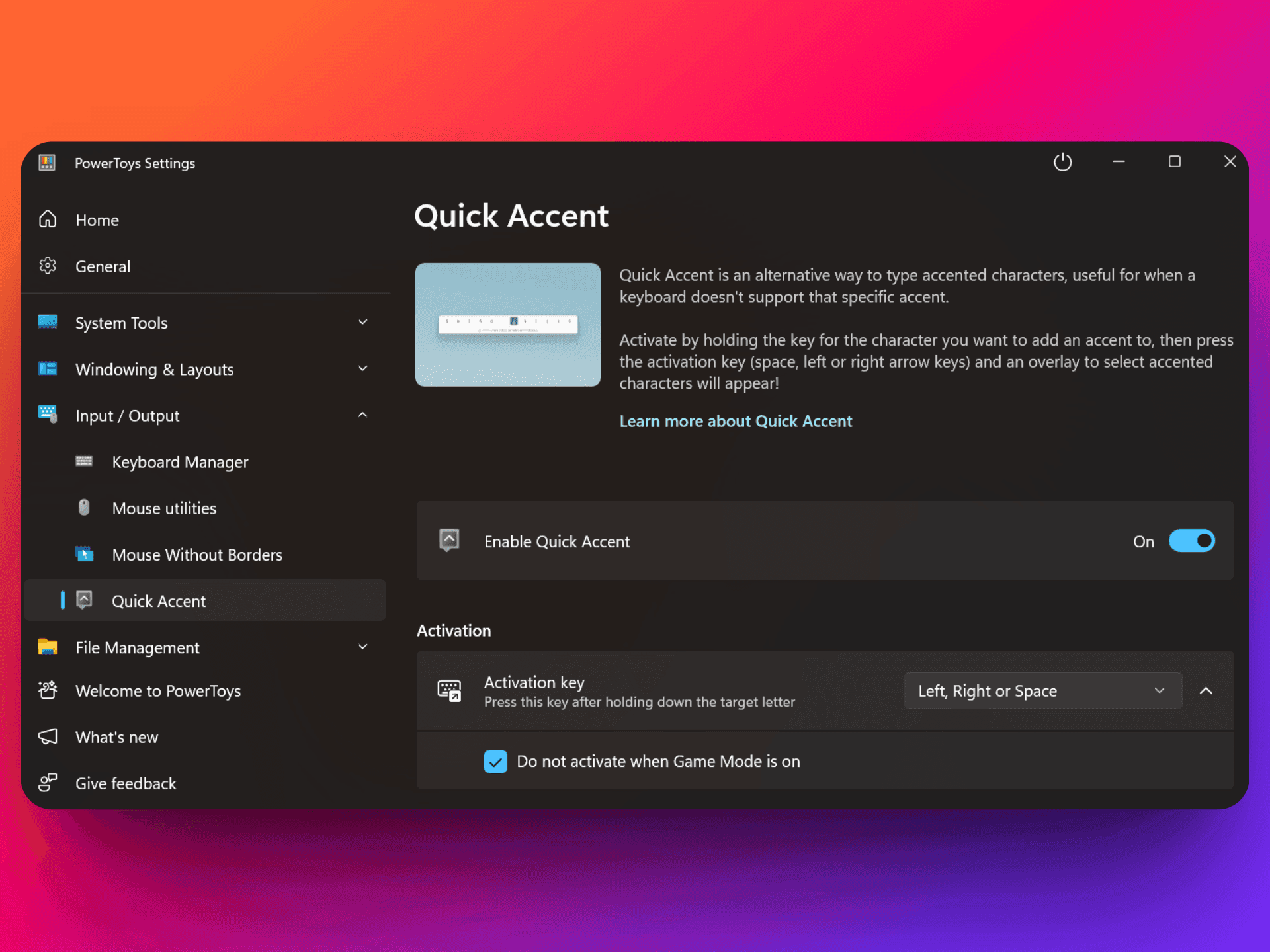 A screenshot of Quick Accent, a tool in Microsoft PowerToys