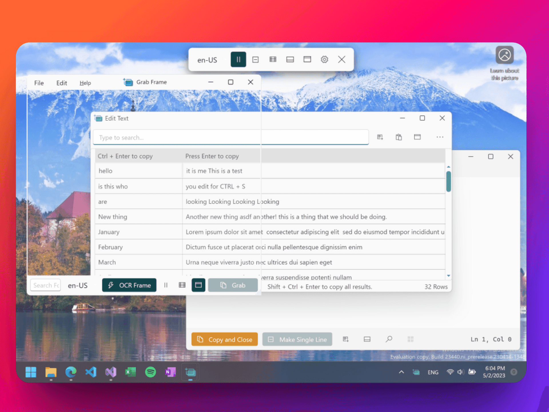 A screenshot of Text Grab, an open-source tool that inspired Text Extractor in PowerToys