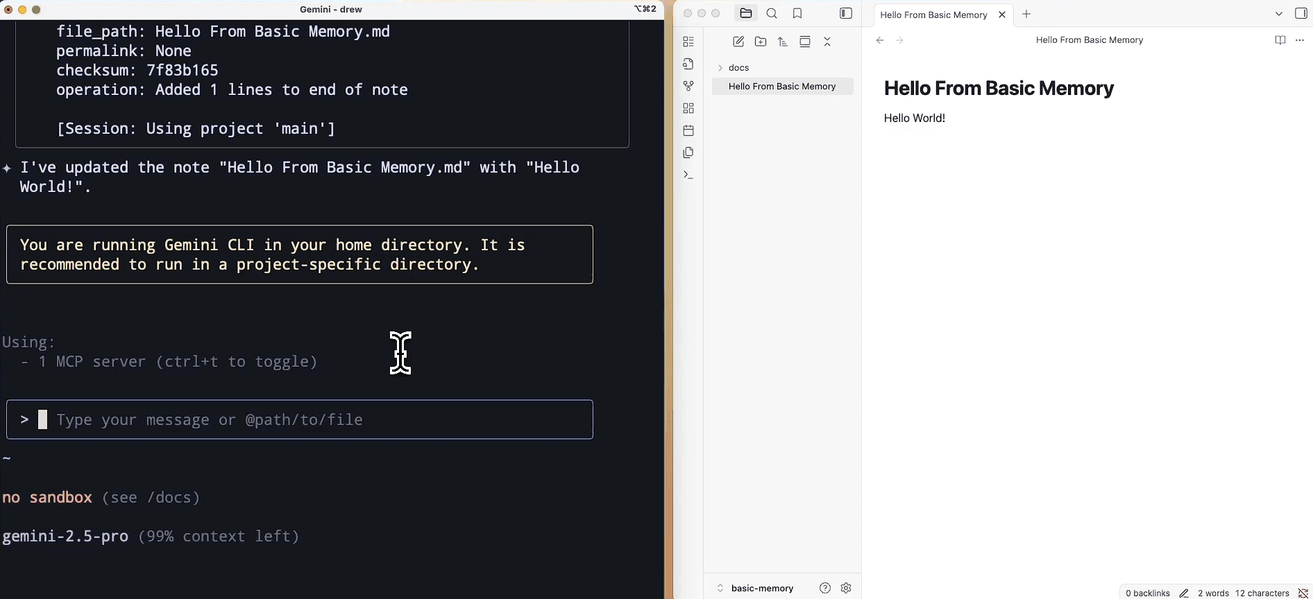 Fig. 1: Basic Memory is used to update a note in Gemini CLI (source: Basic Memory official YouTube channel)