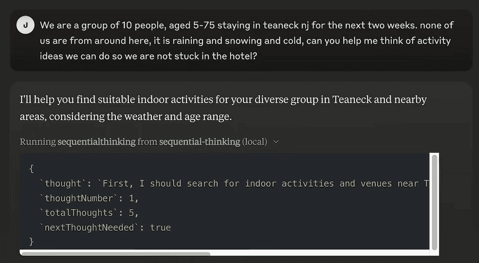 Fig. 2: Claude is using Sequential Thinking to answer a user’s query (source: JeredBlu on YouTube)